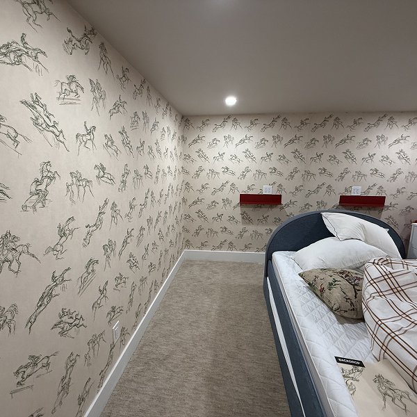 Evergreen guest bedroom and powder room wallpaper installation
